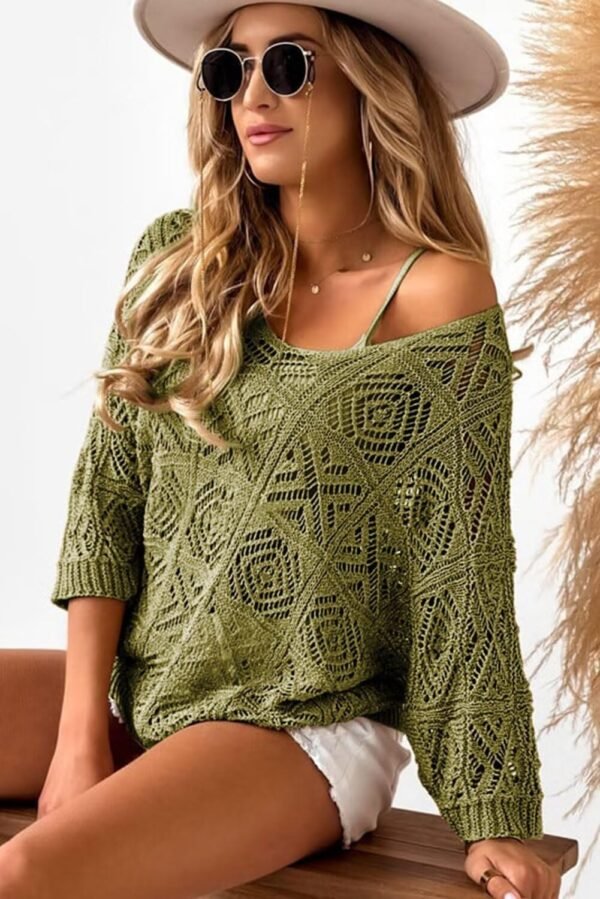 Dokotoo Women's 2025 Spring Summer Crochet Hollow Out 3/4 Sleeve Pullover Sweater Off Shoulder T-Shirts - Image 2