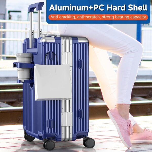 Airline Approved Carry On Luggage with Spinner Wheels,Aluminum Framed Carry On Suitcase with Front Laptop Compartment/Cup Holder,22×14×9 inch Checked-in Luggage with Flexible Handle (Blue) - Image 7