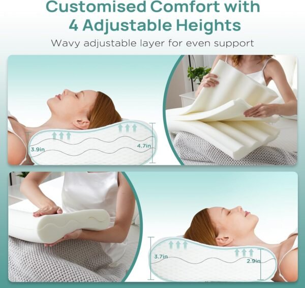 Cervical Neck Pillow, Side Sleeper Pillow for Neck Pain Relief, Adjustable Contour Pillow for Sleeping, Ergonomic Memory Foam Pillow, Orthopedic Cooling Pillow Back Stomach Sleeping, Queen Size - Image 3