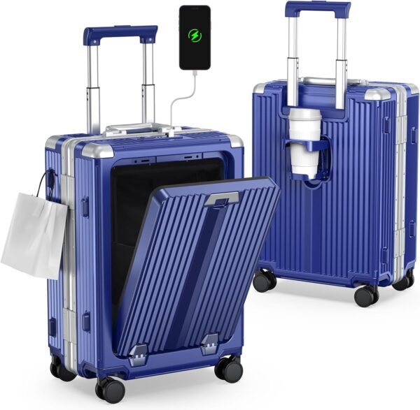 Airline Approved Carry On Luggage with Spinner Wheels,Aluminum Framed Carry On Suitcase with Front Laptop Compartment/Cup Holder,22×14×9 inch Checked-in Luggage with Flexible Handle (Blue)