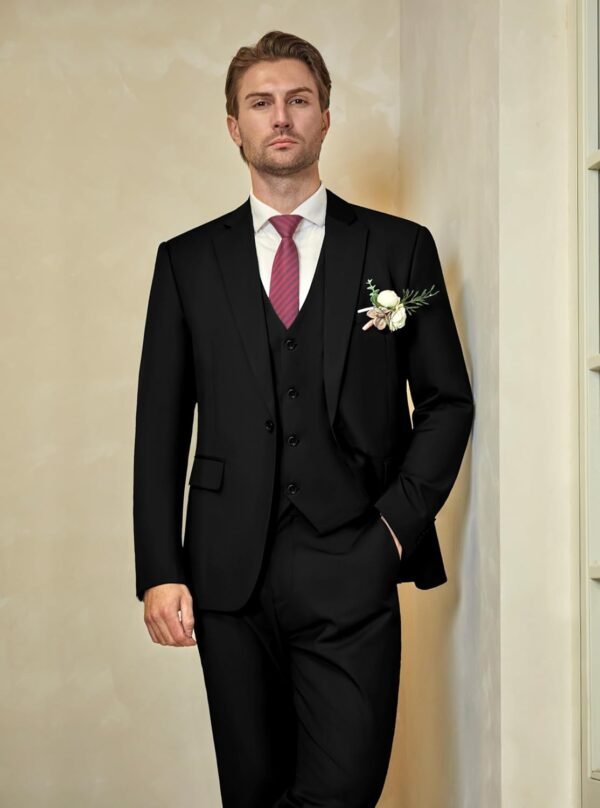 WULFUL Men’s Slim Fit Suit One Button 3-Piece Blazer Dress Business Wedding Party Jacket Vest & Pant - Image 2