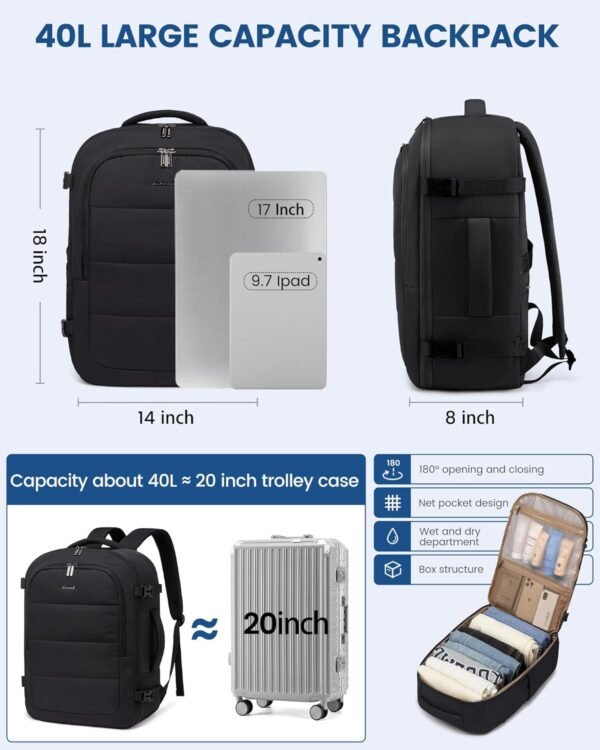 LOVEVOOK Travel Backpack for Women Men, 40L Lightweight Puffy Flight Approved Carry On Backpack Fits 17'' Laptop, TSA Personal Item Travel Bag, Waterproof Weekender Trip Work Luggage Daypack, Black - Image 5