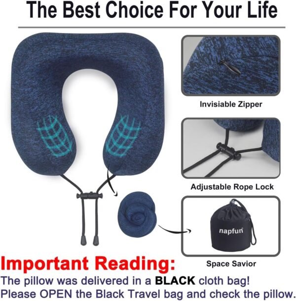 napfun Neck Pillow for Traveling, Upgraded Travel Neck Pillow for Airplane 100% Pure Memory Foam Travel Pillow for Flight Headrest Sleep, Portable Plane Accessories, Full Dark Blue, Medium (120-200LB) - Image 5