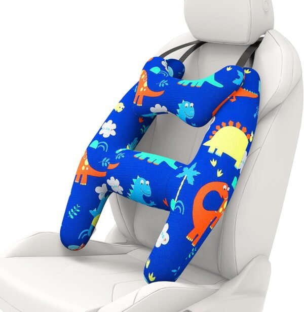 Car Pillow for Kids, H-Shape Car Back Seat Kids Travel Pillow for Sleeping, Adjustable Neck, Head, and Body Support Cushion for Long Trips, Travel Car Seat Pillow for Children(Blue Dinosaur)