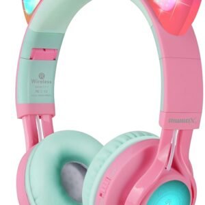 Riwbox CT-7 Cat Ear Bluetooth Headphones, LED Light Up Bluetooth Wireless Over Ear Headphones with Microphone and Volume Control for Travel/School/Smartphones/Laptop/PC/TV (Pink&Green)