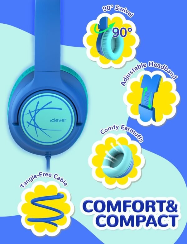 iClever Kids Headphones with Cord, 85dBA Safe Volume Wired Headphones for Kids, Stereo Sound Foldable Adjustable, 3.5mm Jack, Over Ear Kid Headphone for School/Boys/Girls/iPad/Tablet/Travel, Blue - Image 5
