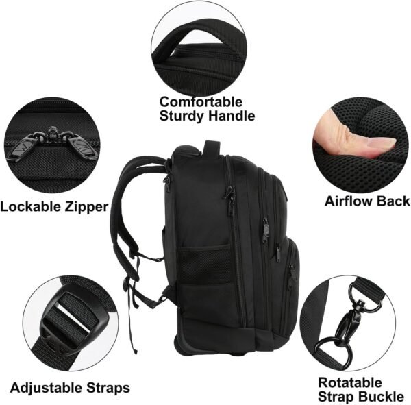 MATEIN Rolling Backpack, 17 inch Water Resistant Wheeled Laptop Backpack, Carry on Luggage Business Bag, Overnight College Computer Bag Trolley Suitcase for Men Women Adults to Travel, Black - Image 4