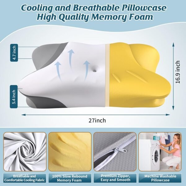 Cervical Neck Pillow for Pain Relief - Ergonomic Side Sleeper Pillow for Sleeping, Contour Orthopedic Bed Pillow for Neck Support, Cooling Memory Foam Pillows for Back Stomach Sleepers with Pillowcase - Image 3