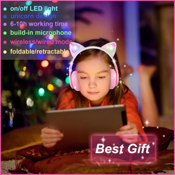 Cat Ear Kids Bluetooth Headphones for Girls Children Teens, LED Light Up Wireless/Wired Mode Foldable Stereo Girls Headphones with Built-in Mic for School Birthday Xmas Gift (Pink) - Image 3