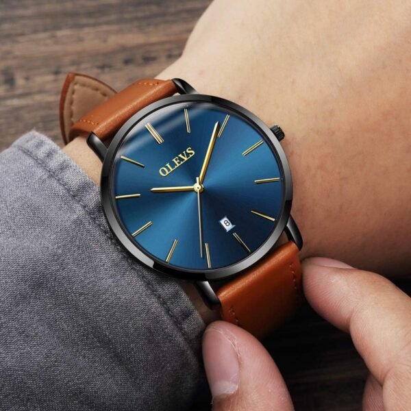 OLEVS Mens Watches Minimalist Ultra Thin Fashion Casual Analog Quartz Date Watch Waterproof Slim Simple Big Face Dress Wrist Watch with Retro Leather Band for Men - Image 2