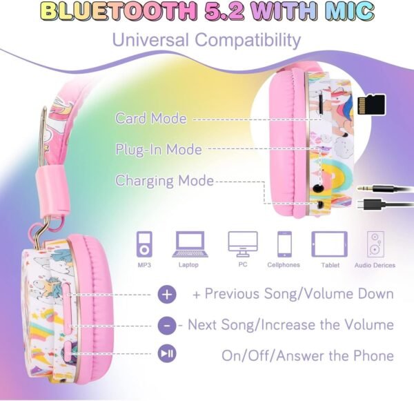 QearFun Unicorn Bluetooth Headphones for Girls - with Microphone & 3.5mm Jack, Adjustable Headband for Kids Teens Toddlers, School iPad Tablet PC Smartphones Compatible (Pink) - Image 3