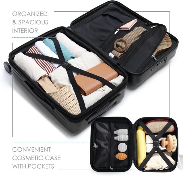 22 Inch Carry On Luggage 22x14x9 Airline Approved, Carry On Suitcase with Wheels, Hard-shell Carry-on Luggage, Durable Luggage Carry On, Jet Black Small Suitcase with Cosmetic Carry On Bag - Image 6