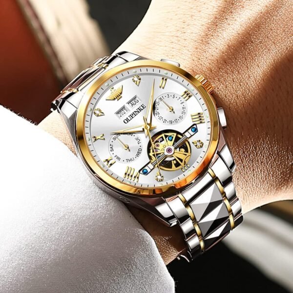 OUPINKE Automatic Watches for Men Skeleton Mechanical Self Winding Luxury Business Dress Wrist Watch Diamond Tungsten Steel Sapphire Crystal Calendar Waterproof Luminous - Image 2