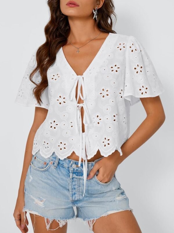 Trendy Queen Womens Tie Front Tops Summer Beach Vacation 2025 Fashion Outfits Short Sleeve Blouses Eyelet Embroidered Clothes - Image 2