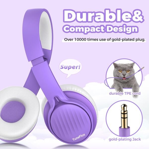 TuneFlux Upgraded Kids Headphones, Wired Toddler Headphones, 85dB Limited Volume On Ear Headphones, Portable Foldable Design, Stereo Sound Kids Headsets for School/Tablet/Travel-Purple - Image 3