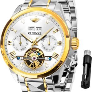 OUPINKE Automatic Watches for Men Skeleton Mechanical Self Winding Luxury Business Dress Wrist Watch Diamond Tungsten Steel Sapphire Crystal Calendar Waterproof Luminous