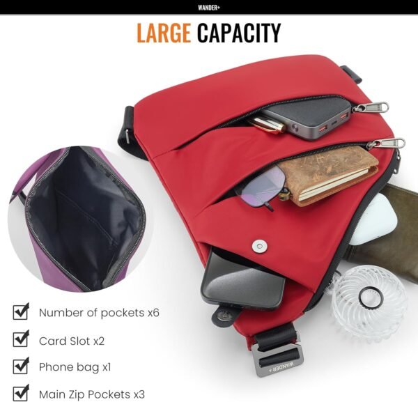WANDER PLUS® Anti Theft Crossbody Travel Bag for Women Men, Multi-Pocket Crossbody Bag, Slim Sling Bag with Adjustable Strap - Image 4