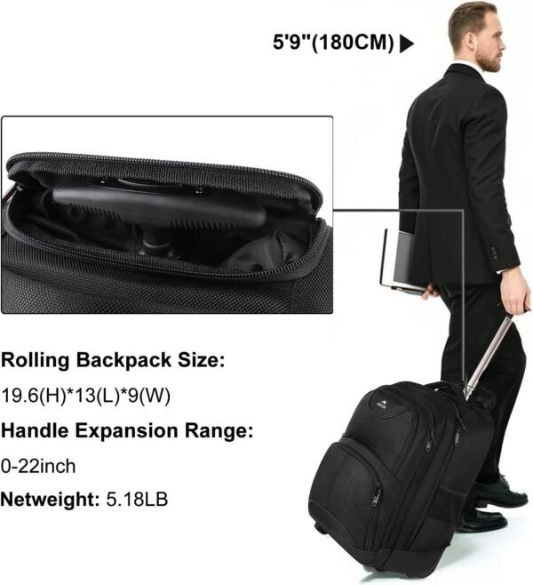 MATEIN Rolling Backpack, 17 inch Water Resistant Wheeled Laptop Backpack, Carry on Luggage Business Bag, Overnight College Computer Bag Trolley Suitcase for Men Women Adults to Travel, Black - Image 5