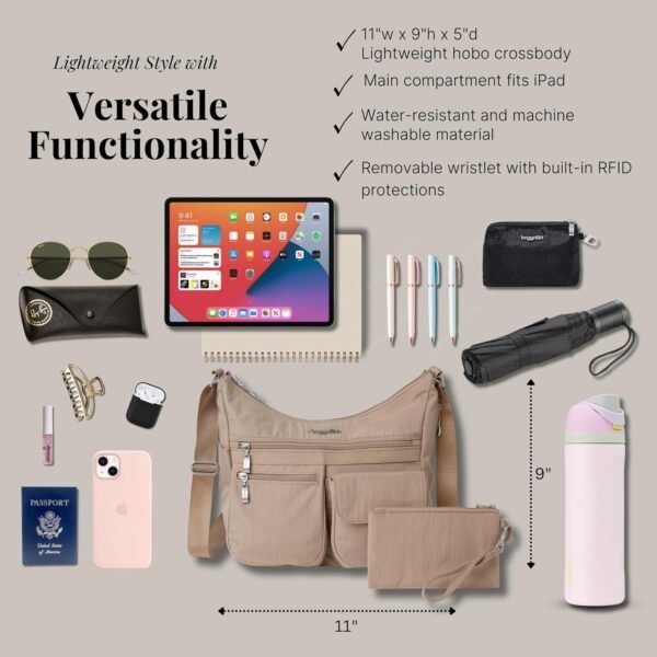 Baggallini Everywhere Bagg Crossbody Women 11x9 Lightweight Nylon Hobo Water-Resistant Travel Bag W/RFID Protection - Image 4