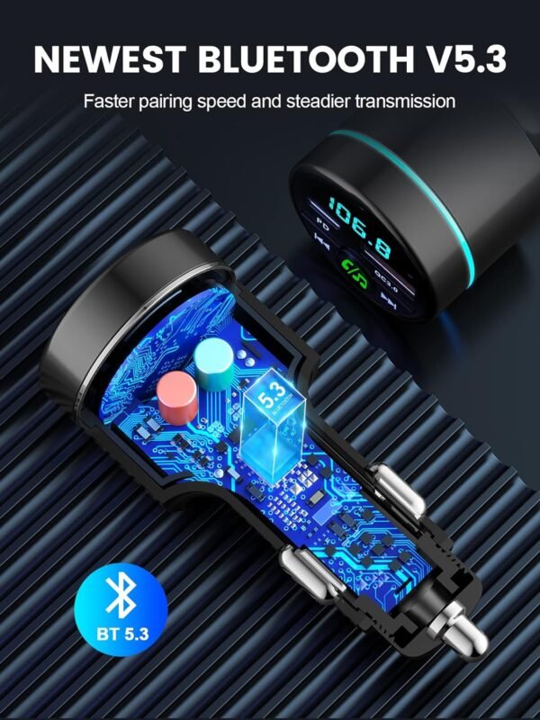 FM Transmitter for Car Bluetooth 5.3, [All-Metal] PD 30W & QC3.0 18W Fast Car Charger, Wireless FM Radio Car Kit Bluetooth Car Adapter, Noise Cancelling Hands-Free Call, Blue Light - Black - Image 5