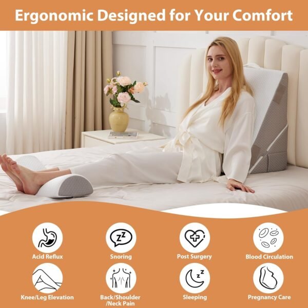 3PCS Wedge Pillow Set for After Surgery, Bed Wedge Pillow for Headboard, Wedge Pillow for Acid Reflux Relief, Sleeping, Post Surgery, Back Support Pillow for Bed Sitting Up, Snoring, White/Grey - Image 8
