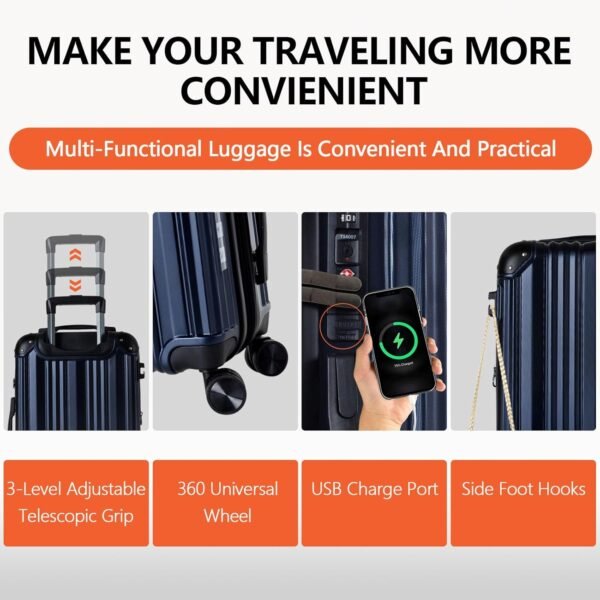 Luggage,Luggage Sets 3 Piece,Travel Carry-on Luggage with USB Port,Hard Sided Luggage With Spinner Wheels,20/24/28-inch Suitcases with Corner Protectors,TSA Approved Expandable Suitcases Sets, Blue - Image 4