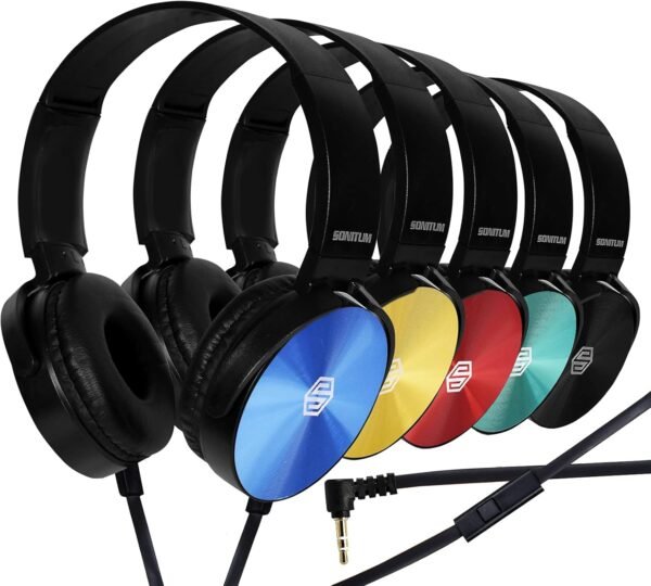Premium Classroom Headphone with Microphone (5 Pack) - Kids Wired Earphones with Mic for School Students K-12 & Teachers, Soft Swivel On Ear Pads- Perfect for E-Learning, Meetings, Calls -(Colorful)
