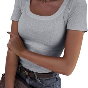 Roselux Women's Summer Scoop Neck Short Sleeve T-Shirts Ribbed Knit Slim Fitted Casual Basic Top