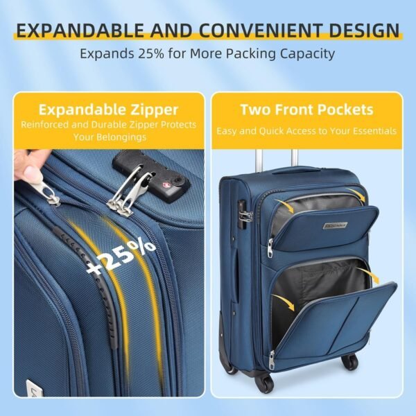 LARVENDER Luggage Sets 5 Piece Softside Expandable Suitcases Set with Spinner Wheels TSA Lock, Lightweight Soft Shell Rolling Travel Luggage Set Clearance for Men and Women, Navy Blue - Image 2
