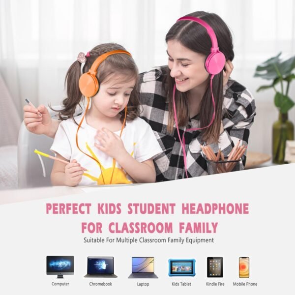 Kids Headphones 2 Pack for School Classroom K-12, Durable Wired Student Computer Online Learning Headset for Laptop Library Airplane and Travel (Pink+Orange) - Image 6