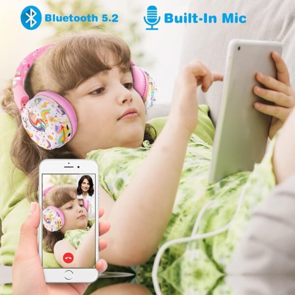 QearFun Unicorn Bluetooth Headphones for Girls - with Microphone & 3.5mm Jack, Adjustable Headband for Kids Teens Toddlers, School iPad Tablet PC Smartphones Compatible (Pink) - Image 4