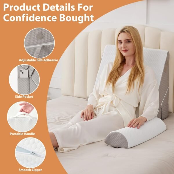 3PCS Wedge Pillow Set for After Surgery, Bed Wedge Pillow for Headboard, Wedge Pillow for Acid Reflux Relief, Sleeping, Post Surgery, Back Support Pillow for Bed Sitting Up, Snoring, White/Grey - Image 4