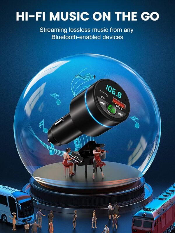 FM Transmitter for Car Bluetooth 5.3, [All-Metal] PD 30W & QC3.0 18W Fast Car Charger, Wireless FM Radio Car Kit Bluetooth Car Adapter, Noise Cancelling Hands-Free Call, Blue Light - Black - Image 4