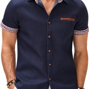 COOFANDY Men's Casual Short Sleeve Button Down Dress Shirt Plaid Collar Denim Work Shirts