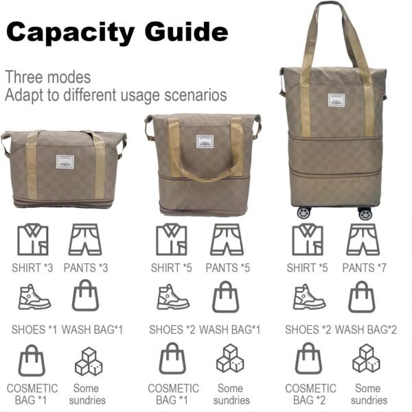 Expandable foldable duffel bag suitcase, detachable rolling wheels,carry-on large duffel bag,luggage bag,suit gym,camping,travel or business trip,Gift for wife and parents-Checkerboard(KHAKI) - Image 3