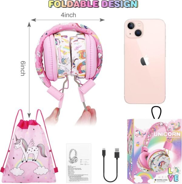 QearFun Unicorn Bluetooth Headphones for Girls - with Microphone & 3.5mm Jack, Adjustable Headband for Kids Teens Toddlers, School iPad Tablet PC Smartphones Compatible (Pink) - Image 6