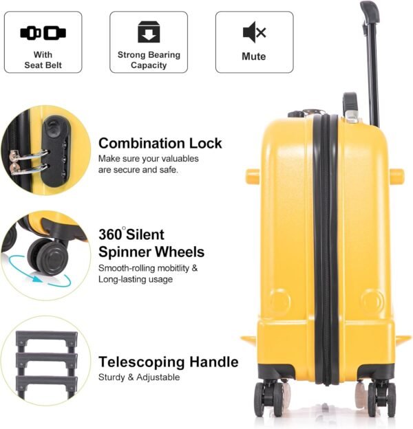 22 inch Kids Ride On Luggage with Safety Belt,Travel Luggage for Child with Combination Lock,Tollder Luggage with Spinner wheels and Cover (Yellow) - Image 4