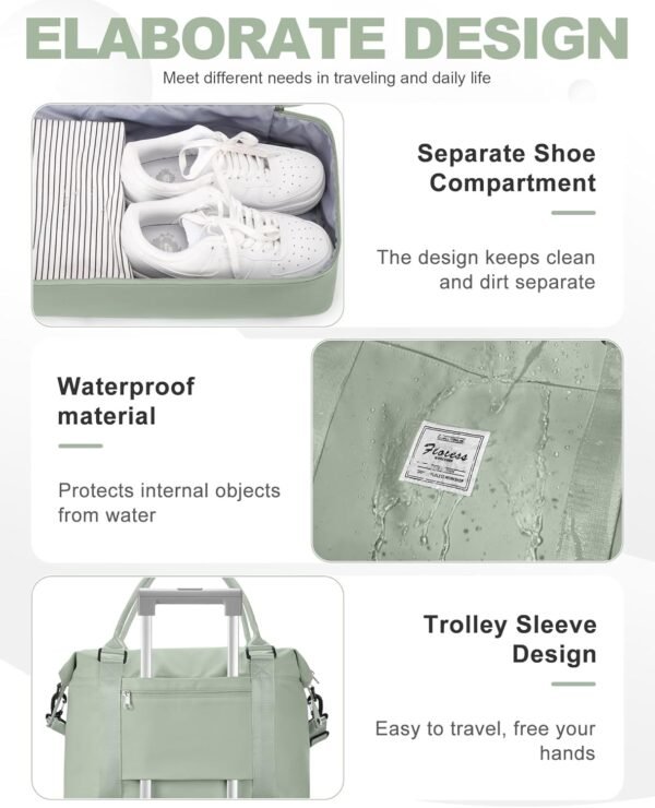 Spirit Travel Duffel - 18x14x8 Inches Weekender Overnight Bag with Shoes Compartment, Trolley Sleeve, Carry On for Airplanes, Sport Tote Gym Bag in BeigeGreen - Image 5