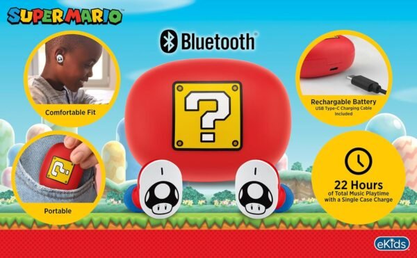 eKids Wireless Earbuds with Microphone, Bluetooth Earbuds with Charging Case Designed for School, Home, or Travel (Mario) - Image 2