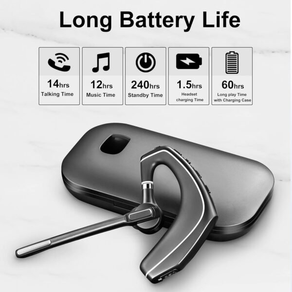 Bluetooth Headset V5.1, Wireless Headset with 500mAh Charging Case, Bluetooth Earpiece with Noise Canceling Mic for Driving and Office. (USB-A Bluetooth Adapter Included) (Black) - Image 2