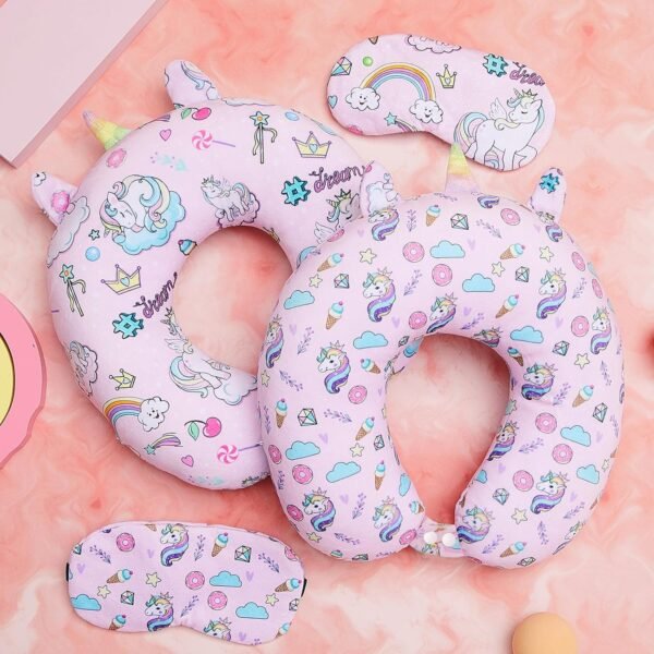 Thyle 2 Set Unicorn Neck Travel Pillow for Kids and Eye Mask Lightweight Travelling Sleeping Pillow Set for Airplane, Car, Train, Bus and Home Use Support Blindfolds - Image 4