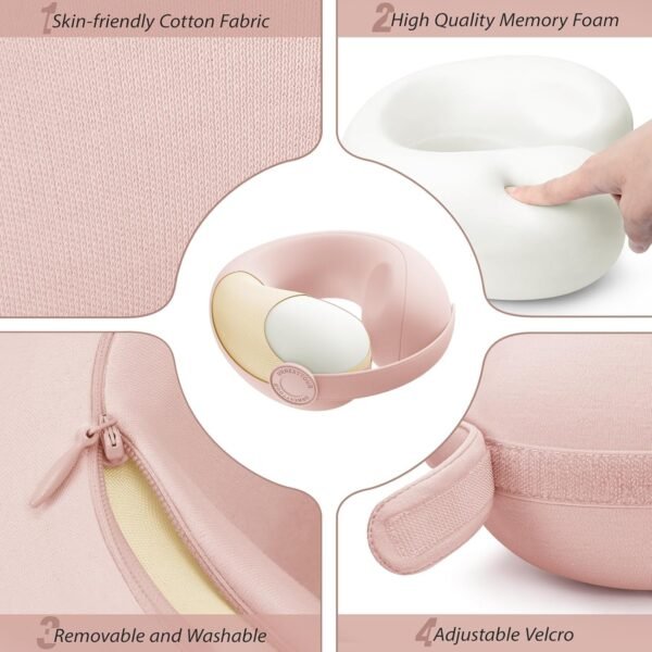 Car Pillow for Big Kids Travel Neck Pillows, Memory Foam Neck Support Travelling Pillow with Washable Cotton Pillowcases and Storage Bag, for Airplane, Train, Flight and Home Use Pink - Image 4