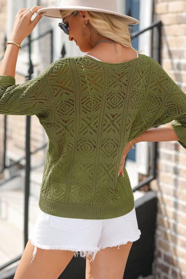Dokotoo Women's 2025 Spring Summer Crochet Hollow Out 3/4 Sleeve Pullover Sweater Off Shoulder T-Shirts - Image 5