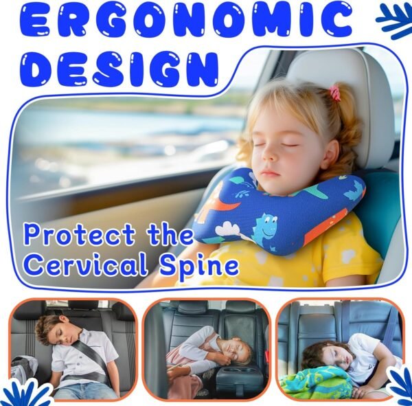 Car Pillow for Kids, H-Shape Car Back Seat Kids Travel Pillow for Sleeping, Adjustable Neck, Head, and Body Support Cushion for Long Trips, Travel Car Seat Pillow for Children(Blue Dinosaur) - Image 3