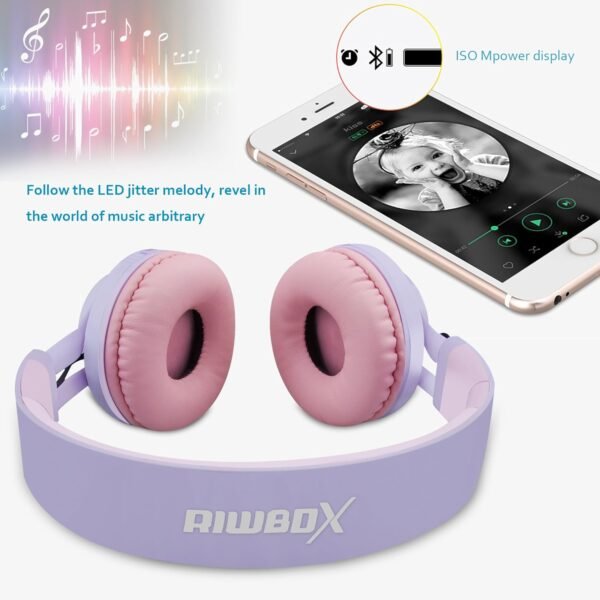 Riwbox WT-7S Kids Bluetooth Headphones Light Up, Foldable Stero Wireless Headset with Microphone and Volume Control for PC/Tablet/TV/Travel (Purple) - Image 5
