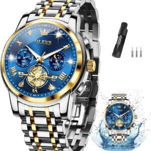 OLEVS Men Silver Watches,Men's Stainless Steel Chronograph Watch,Man Analog Quartz Big Face Male Watches Luxury Waterproof Roman Numeral Dress Diamond Relojes para Hombre
