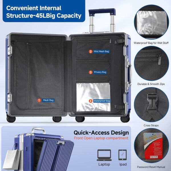 Airline Approved Carry On Luggage with Spinner Wheels,Aluminum Framed Carry On Suitcase with Front Laptop Compartment/Cup Holder,22×14×9 inch Checked-in Luggage with Flexible Handle (Blue) - Image 2