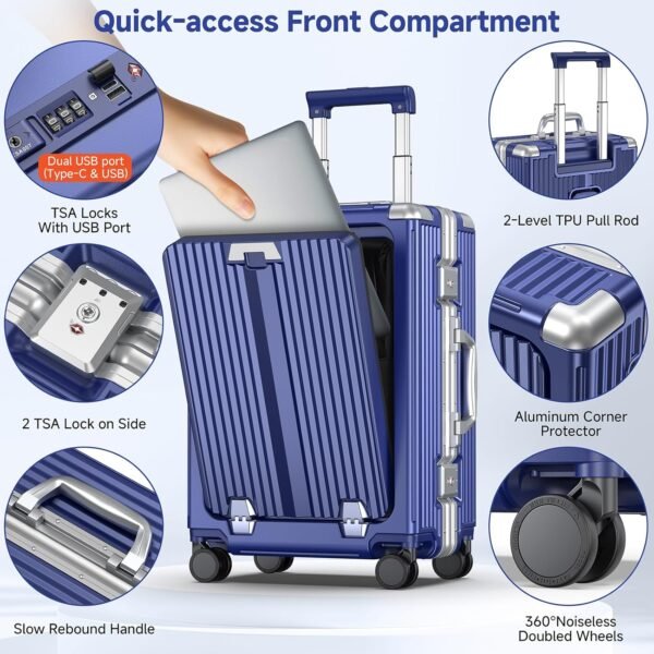 Airline Approved Carry On Luggage with Spinner Wheels,Aluminum Framed Carry On Suitcase with Front Laptop Compartment/Cup Holder,22×14×9 inch Checked-in Luggage with Flexible Handle (Blue) - Image 6