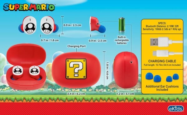 eKids Wireless Earbuds with Microphone, Bluetooth Earbuds with Charging Case Designed for School, Home, or Travel (Mario) - Image 3