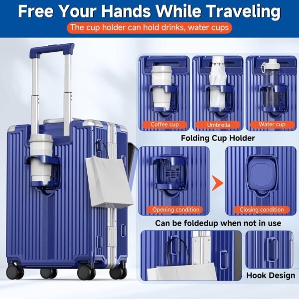 Airline Approved Carry On Luggage with Spinner Wheels,Aluminum Framed Carry On Suitcase with Front Laptop Compartment/Cup Holder,22×14×9 inch Checked-in Luggage with Flexible Handle (Blue) - Image 5